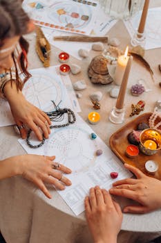 pexels-photo-6931886-6931886 Hands arranging astrology charts with candles and crystals on a table for a spiritual ritual.